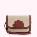 Beige canvas crossbody bag with brown leather accents and lip-shaped details.