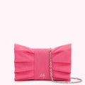 Pink pleated bow clutch with silver chain strap.