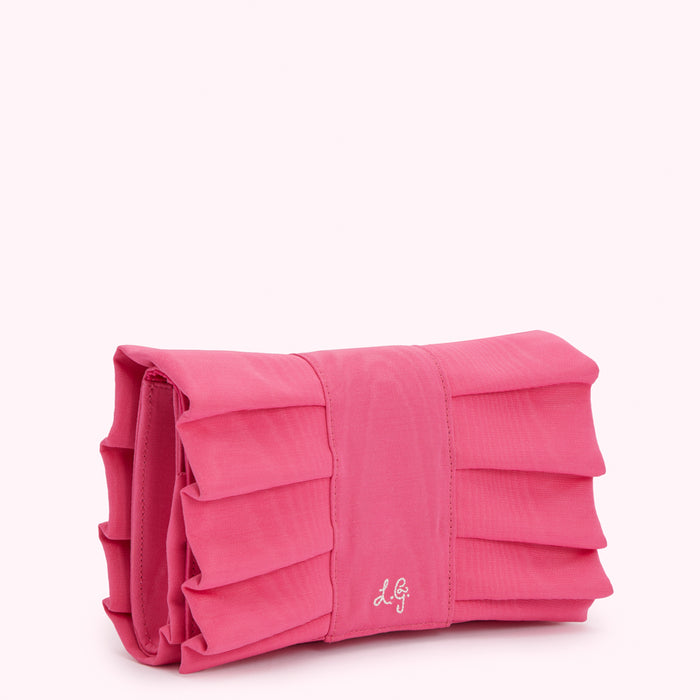 Pink pleated clutch with LG logo.
