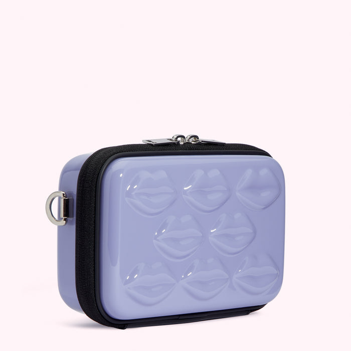 Lavender purple crossbody bag with embossed lips.