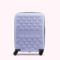 Lilac Lulu Guinness suitcase covered in embossed lips.
