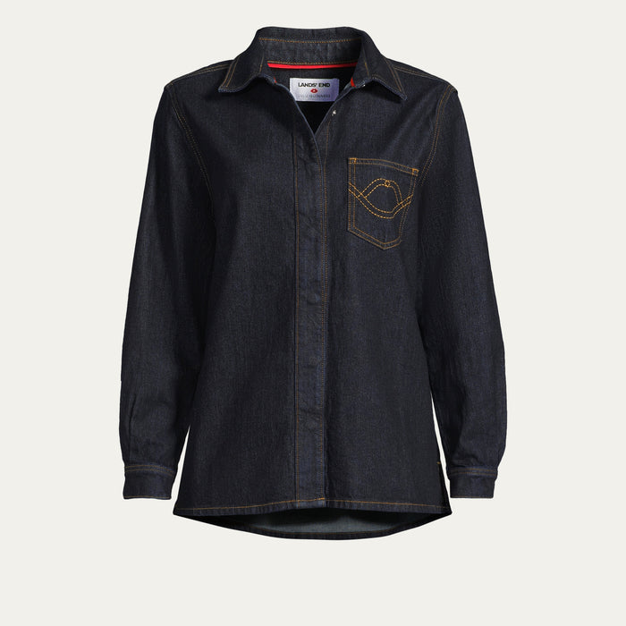 Dark denim shirt with a pocket on a light gray background