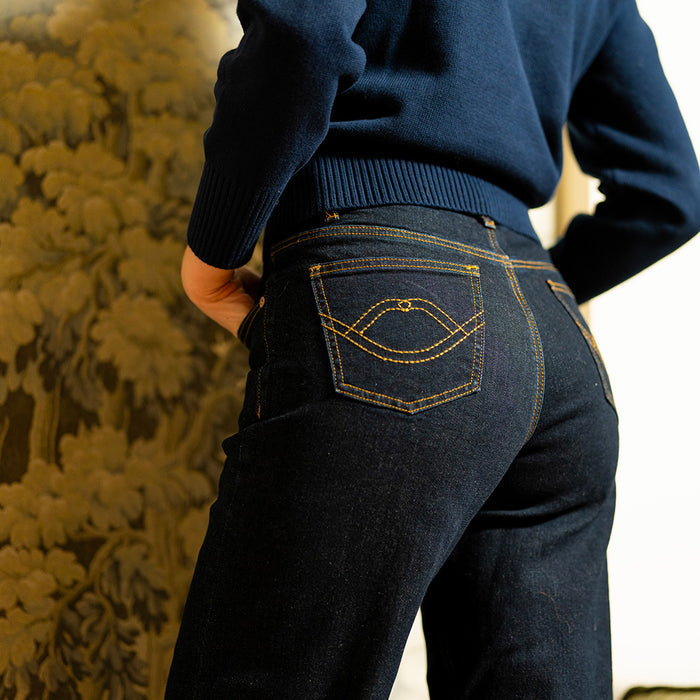 Close up detail of jean pockets with lip shaped stitching