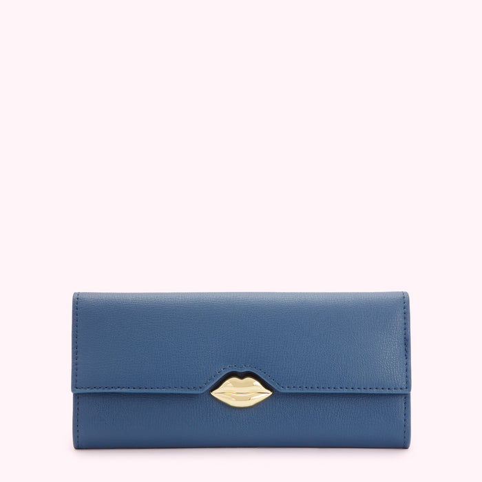 A blue leather wallet with a gold lip-shaped clasp against a white background.