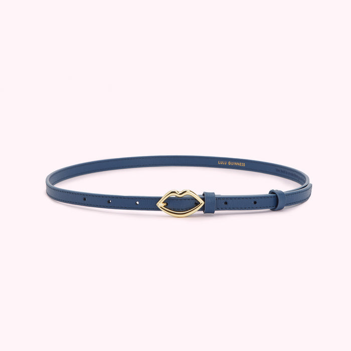Dark blue leather Lulu Guinness belt with a gold lip-shaped buckle.