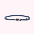 Dark blue leather Lulu Guinness belt with a gold lip-shaped buckle.