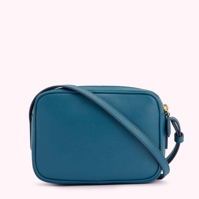 Teal leather crossbody bag with a gold zipper.