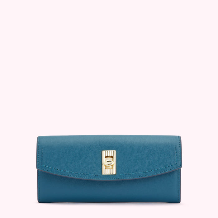 Teal leather wallet with gold clasp.