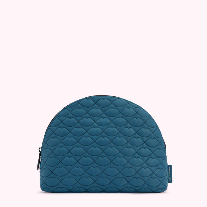 Teal quilted makeup bag with a lip print.