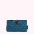 Teal quilted makeup bag with black zipper and tab, featuring a lip print pattern.