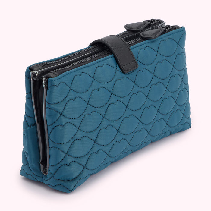 Teal quilted double zip pouch with black zipper pulls and a black leather accent.