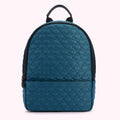 Teal quilted backpack with black zippers and straps; the quilting pattern is a repeating lip design.