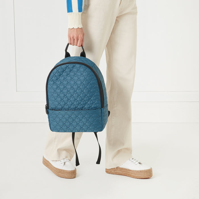 A teal quilted backpack with a lip pattern, held by a person wearing cream pants and white platform shoes, against a white background.