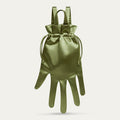 Green satin hand-shaped backpack with drawstring on a light gray background