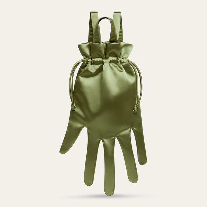 Green satin hand-shaped backpack with drawstring on a light gray background