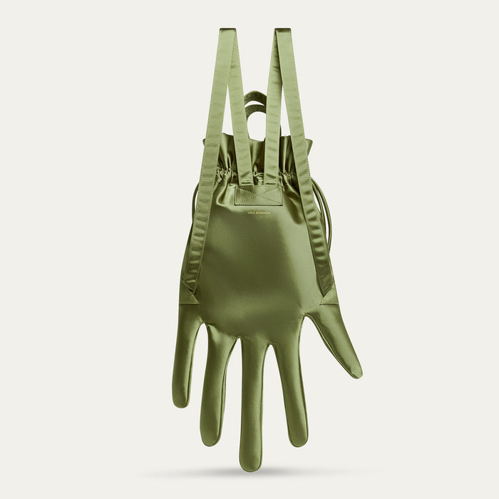 Green hand-shaped satin backpack with a drawstring fastening on a light gray background
