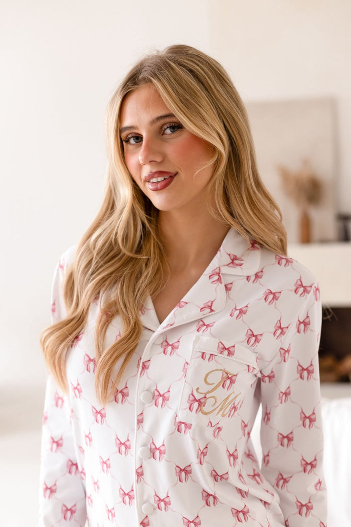 Ladies Personalised Pink Bow Pyjamas - Long Sleeve and Leg