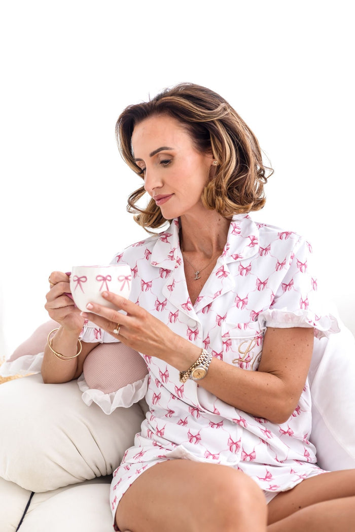 Ladies Pink Personalised Bow Print Pyjamas - Short Sleeve and Leg