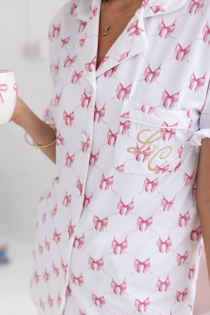 Ladies Pink Personalised Bow Print Pyjamas - Short Sleeve and Leg