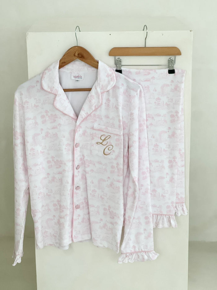 Ladies Pink Personalised French Toile Pyjamas