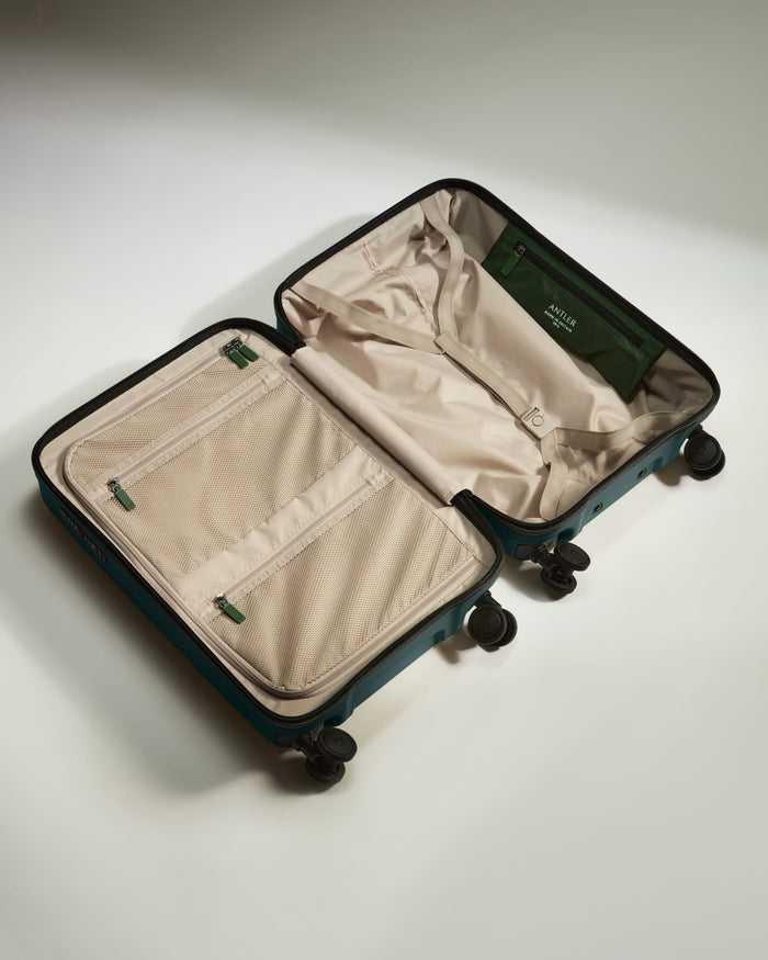 a suitcase with wheels and inside