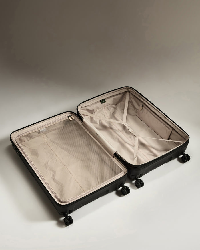 a suitcase with wheels and a lid