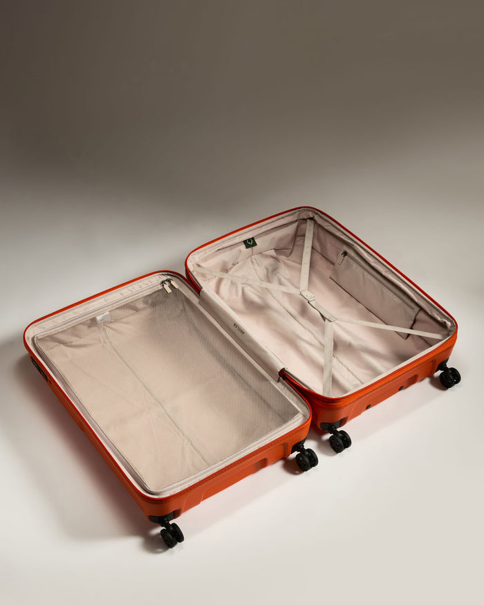 an open suitcase with wheels