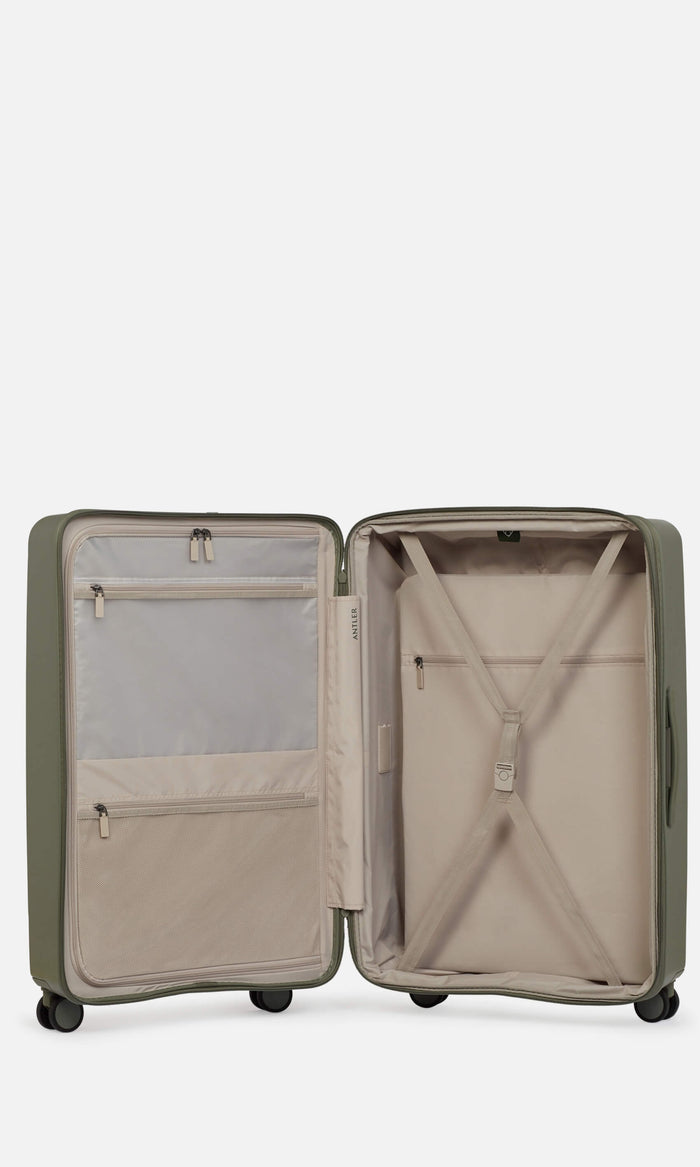 a suitcase with zippers and pockets