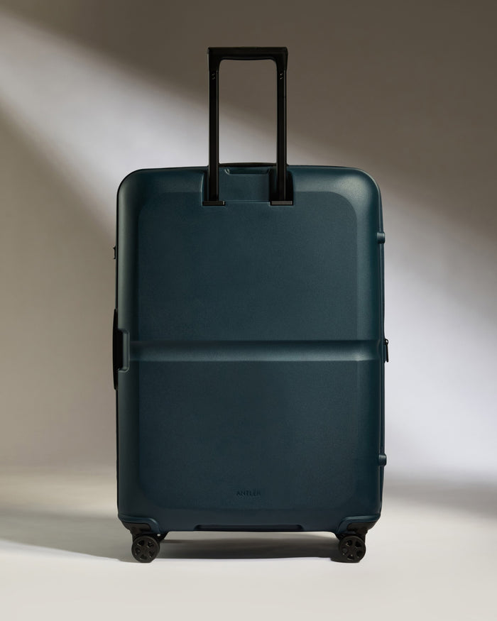 a blue suitcase with two handles