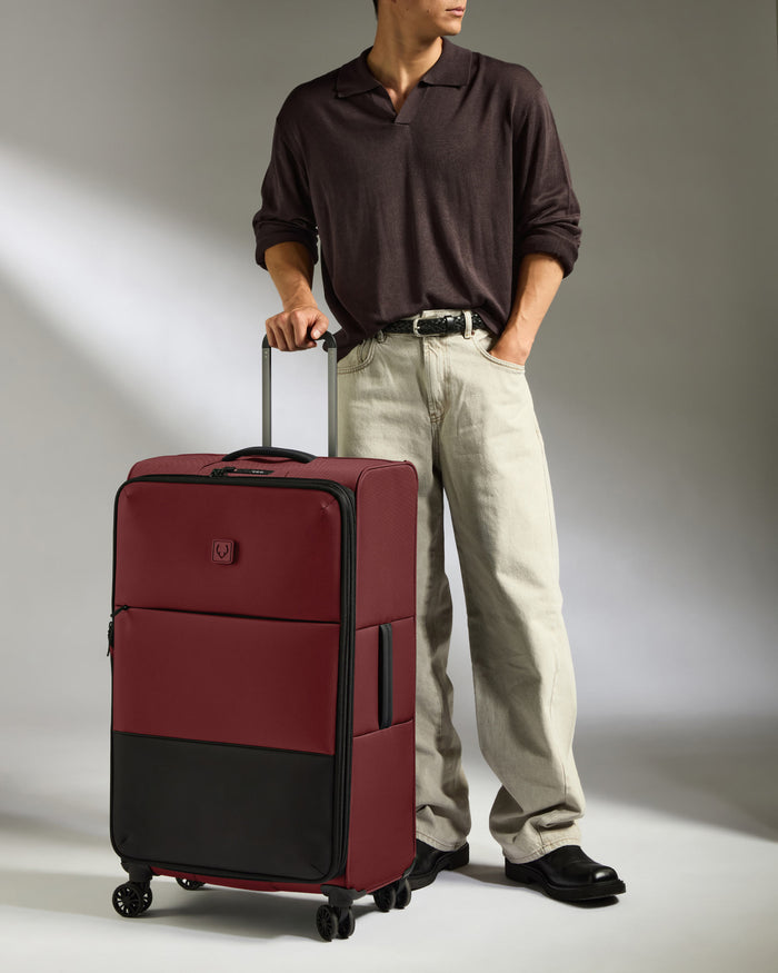 a man standing with a suitcase