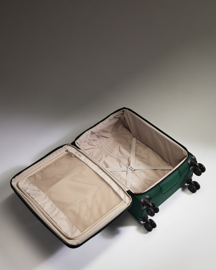 a suitcase with wheels and a lid