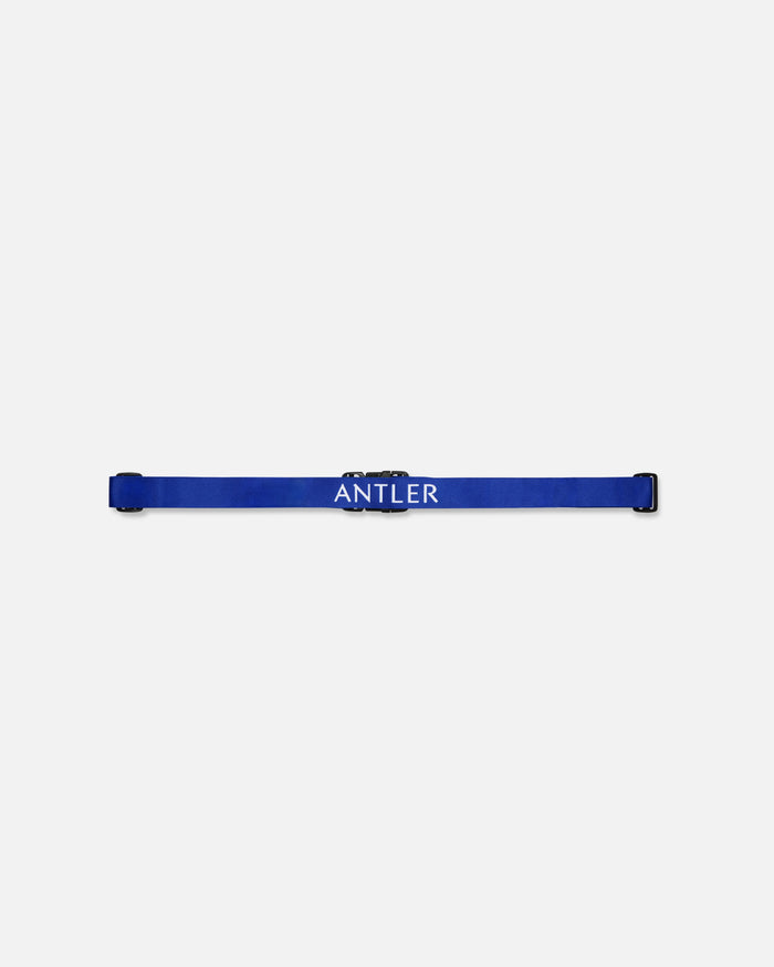 a blue strap with white text