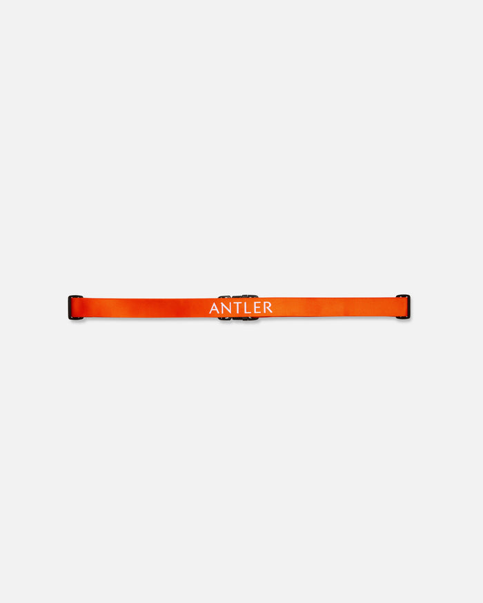 an orange strap with white text