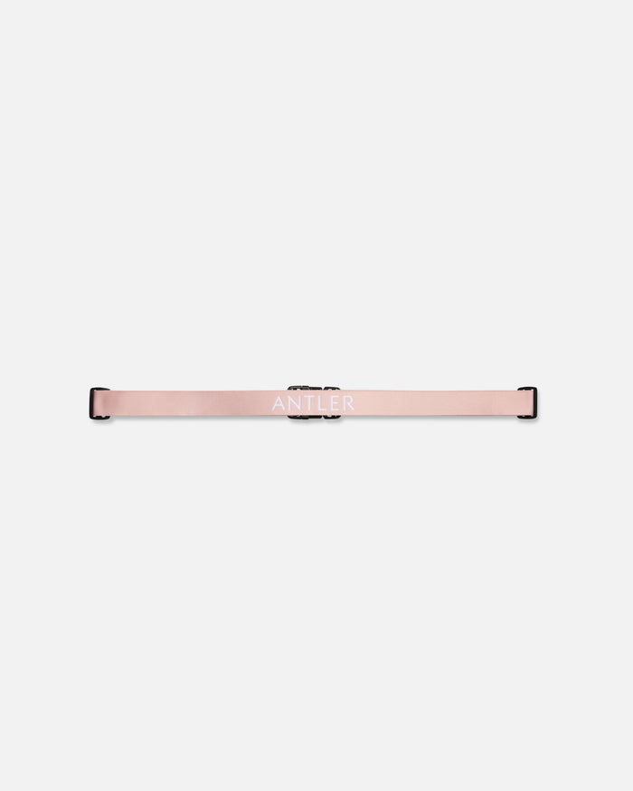 a pink strap with white text