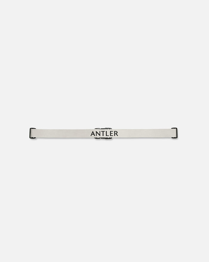 a white strap with black text