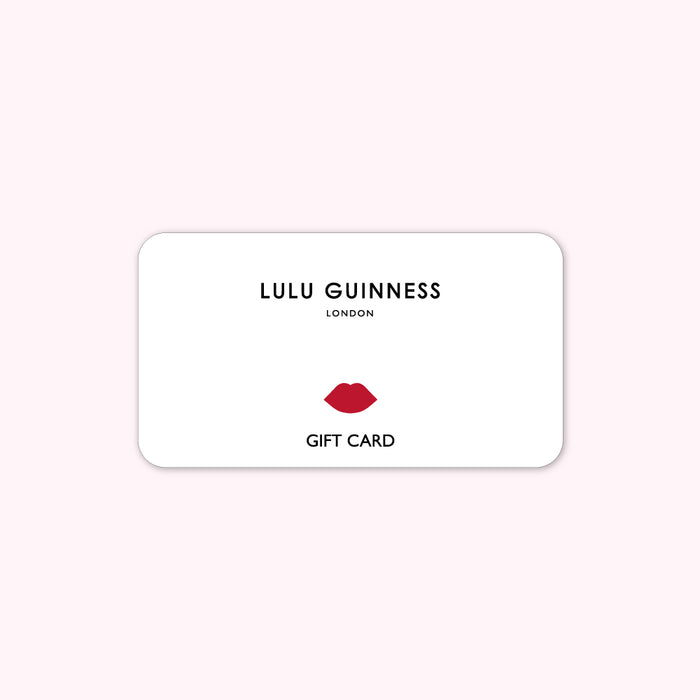 Lulu Guinness London gift card with red lip logo.