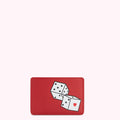 Red leather card holder with a graphic of two dice; one die shows a heart.