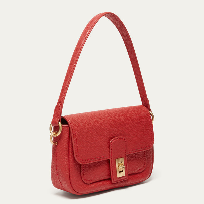 A red textured leather shoulder bag with a gold-tone turn-lock clasp and a matching red leather strap, shown on a light off-white background.