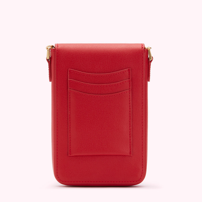 Red leather crossbody phone bag with card slots.