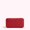Red quilted zip-around wallet with lip-shaped pattern.