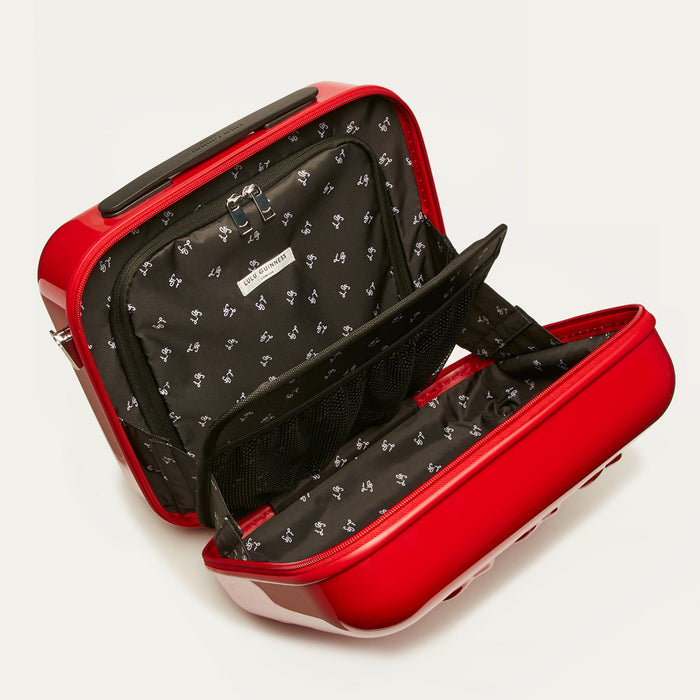 Red  vanity case with open lid showing black interior on a white background