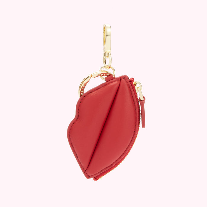 Red leather lip-shaped keyring with gold-tone hardware.