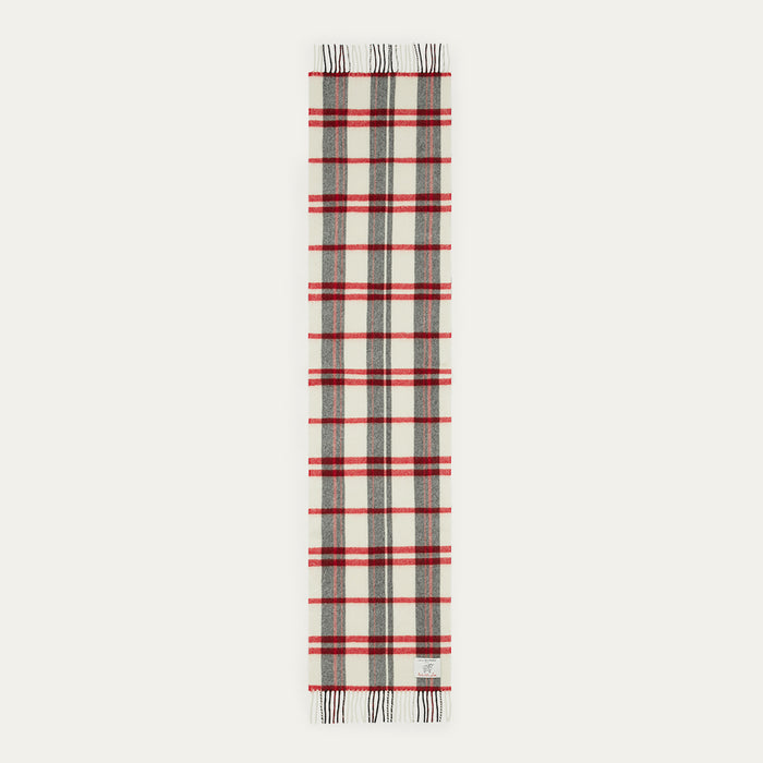 Plaid scarf with red, gray, and white stripes on a light gray background