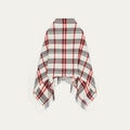 Plaid poncho with red, gray, and white pattern on a light gray background