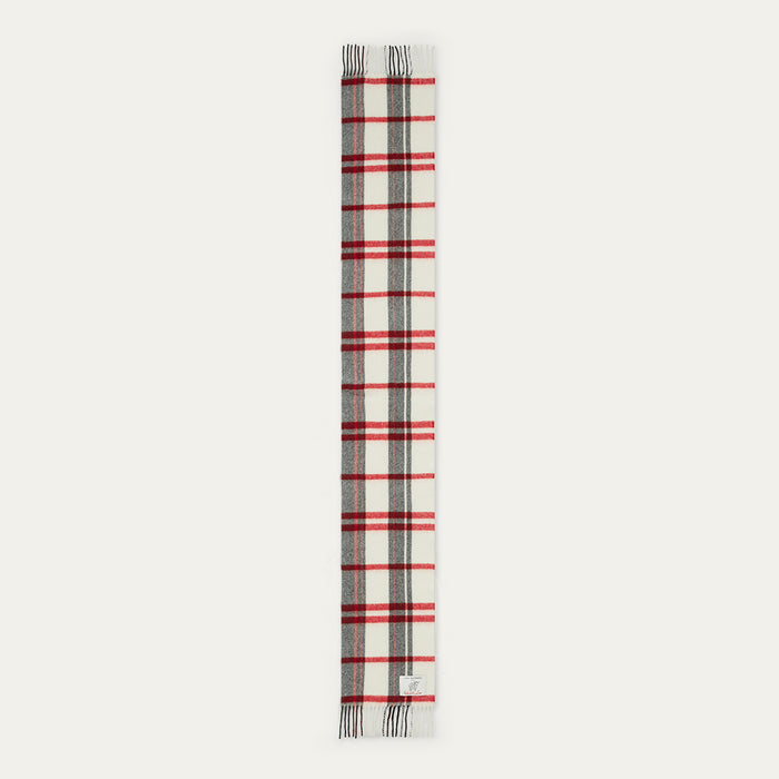 Plaid scarf with red and gray pattern on a white background