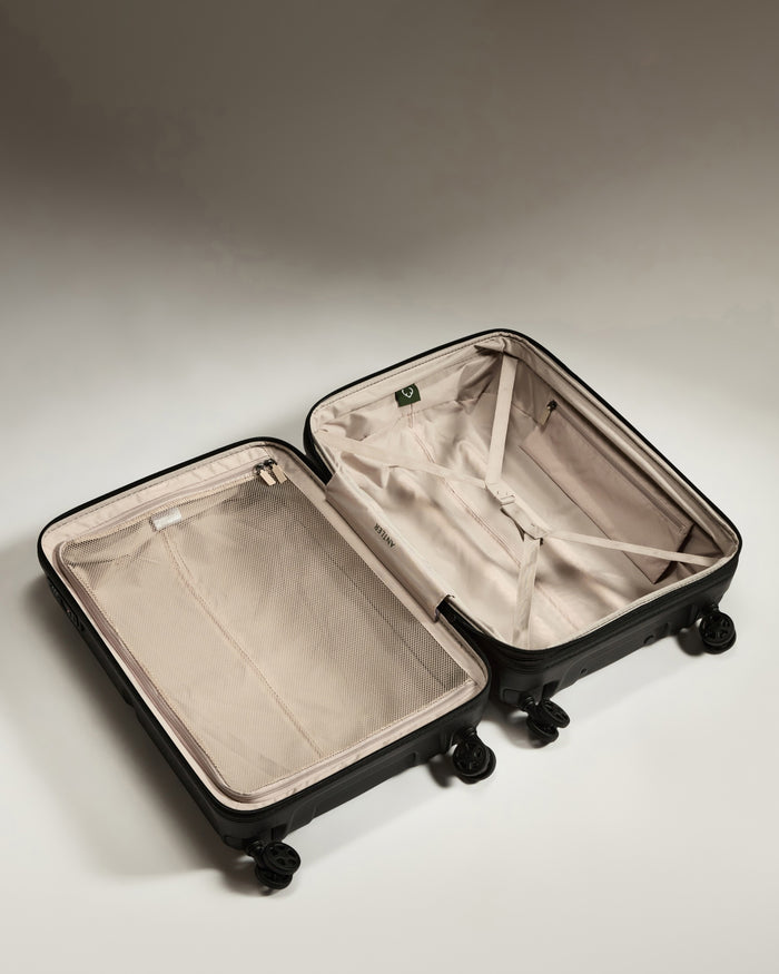 a suitcase with wheels and a white cover