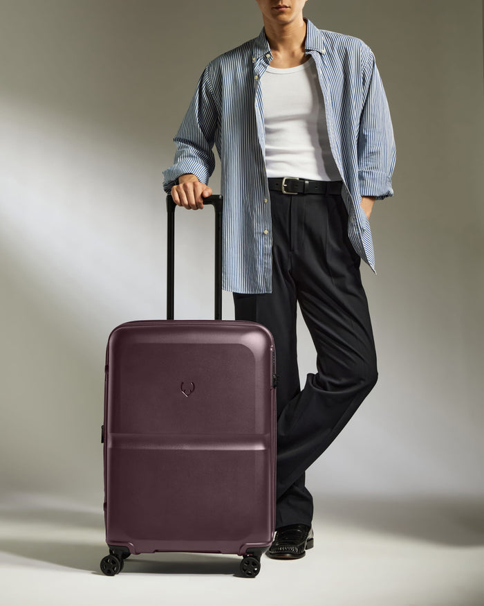 a man standing with a suitcase