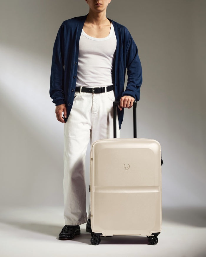 a man standing with a suitcase