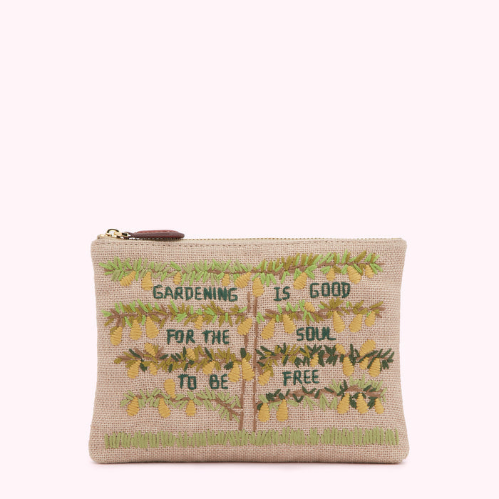 Beige zipper pouch with embroidered pears and the text "Gardening is good for the soul to be free."