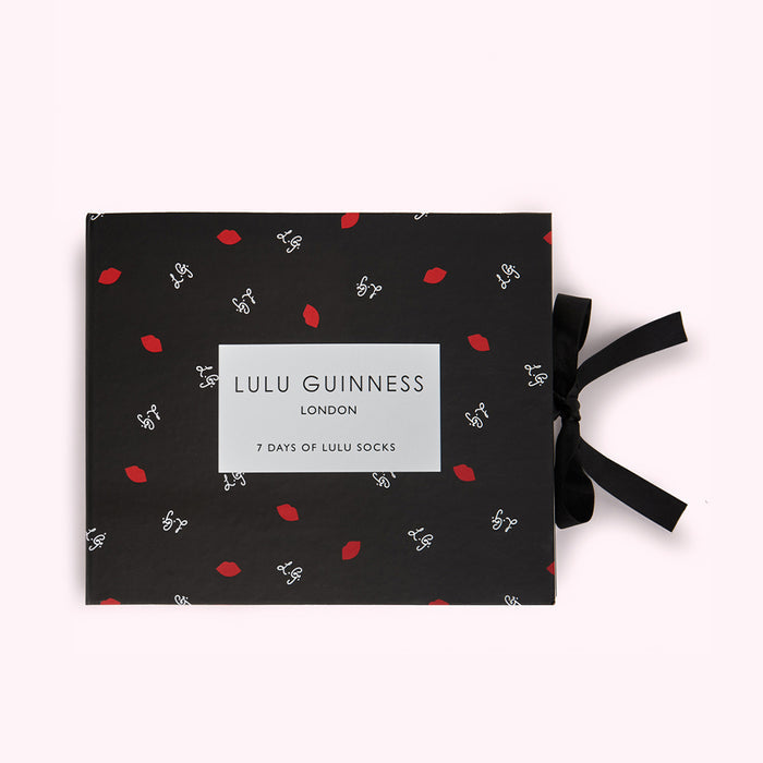 Black box with red lips pattern and Lulu Guinness London logo; 7 Days of Lulu Socks.